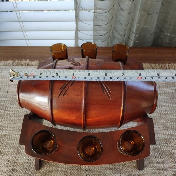 Wooden Barrel Set with 6 Glasses, Vintage Stand Caddy 9.5" - Picture 9 of 16